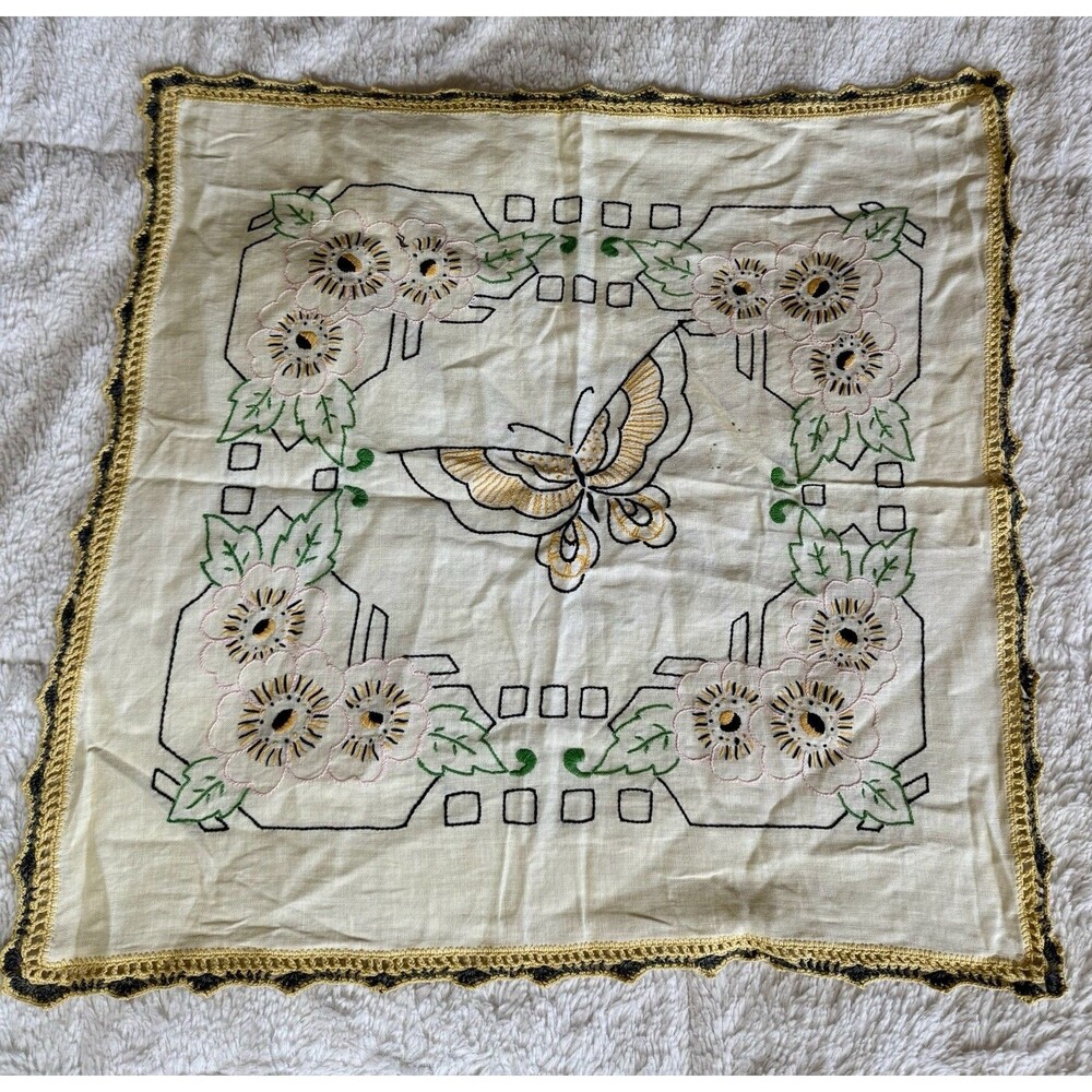 Vintage Hand Embroidery Butterfly & Floral Linen Crochet Edging Table Topper 17”